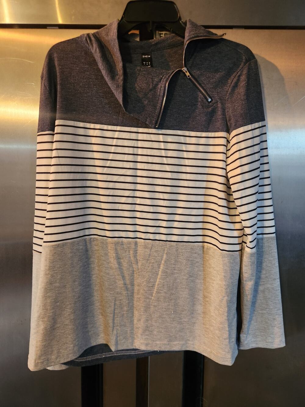 SHEIN Gray Striped Quarter Zip Pullover Top Women's Size XL Color Block